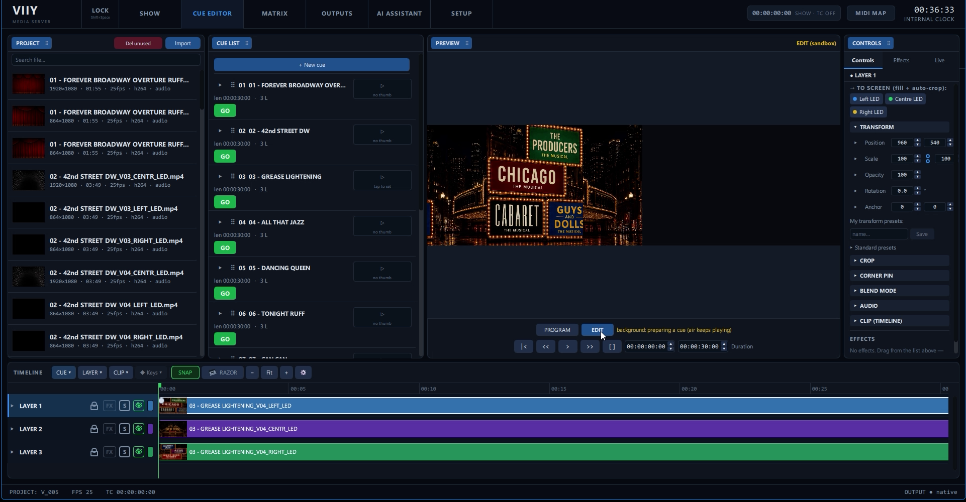 VIIY building the show: cue list filled from the rundown, clips placed on the timeline per screen
